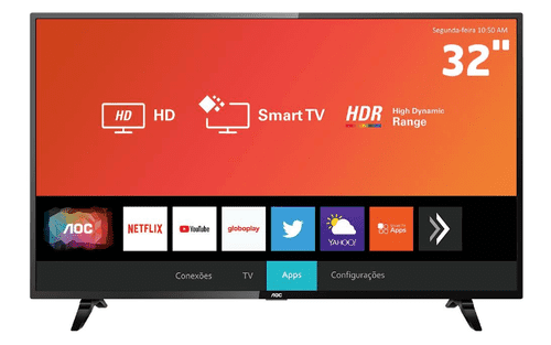 Design da TV AOC, estilo quadradinho com os pés inclinados que a maioria das televisões smart possuem.