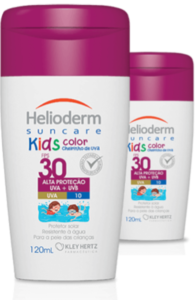 Dois frascos de protetor solar Helioderm Kids com FPS 30 e cheirinho de uva